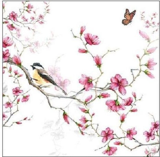 Ambiente - Bird & Blossom White - 20 Papieren Lunch Servetten -33x33cm